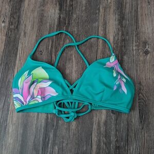 Athleta M Teal Floral Bikini Top Strappy Lace up Back